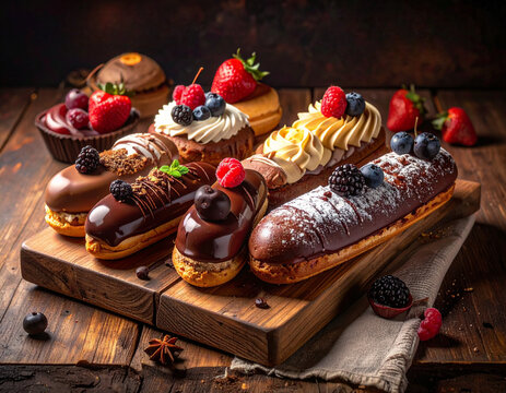 Luxury Chocolate Eclairs and Gourmet Pastries on Rustic Wooden Board