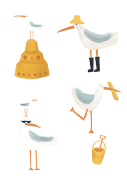 Funny beach seagull illustration PNG clipart set, cute coastal bird character bundle with french fries, sandcastle and yellow bucket - hand painted summer graphics cutout sheet 