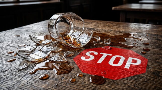 Broken glass and spilled alcohol with red stop sign on wooden table representing alcoholism and addiction concept