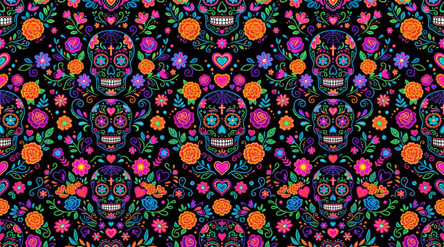 Day of the Dead sugar skull pattern with marigold flowers and roses on black background