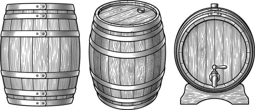 Vintage Hand Drawn Wooden Barrels Collection with Front Angle and Tap Perspective Views for Wine Beer Whiskey and Bourbon Storage Vector Graphic