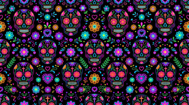 Day of the Dead sugar skulls pattern with marigold flowers and roses on black background