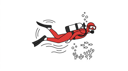 Illustrated scuba diver swimming underwater with gear. © Wazakunf