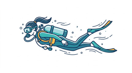 Illustrated scuba diver swimming underwater with gear. © Wazakunf
