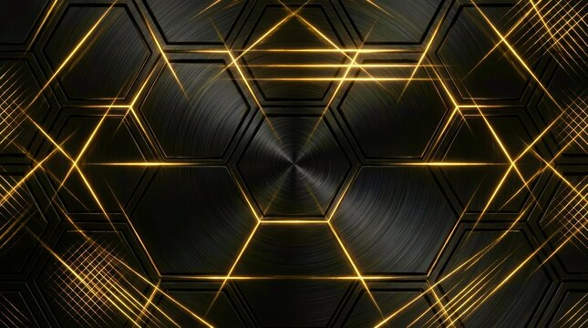 Black hexagons glow with golden lines
