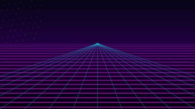 An animated retro futuristic neon laser grid moves into an infinite virtual space