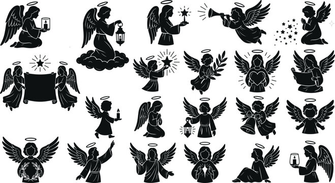 Christmas Angel Silhouette Collection with Guardian Angels, Cherubs, Trumpet, Prayer and Christian Holiday Vector Set