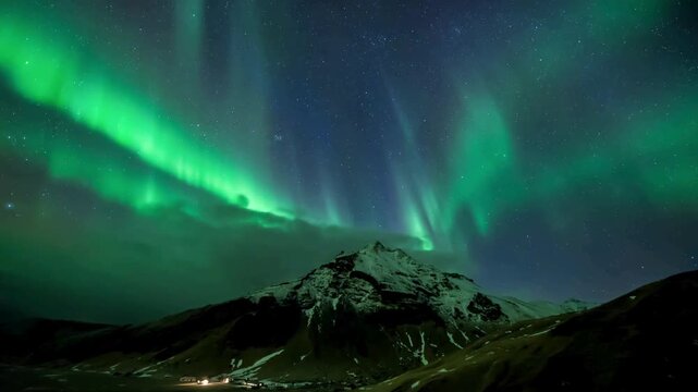 Spectacular Green Aurora Borealis Northern Lights Dancing Over Snow Mountain.