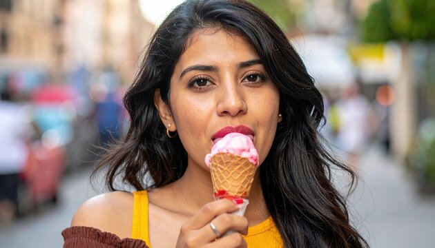 Young woman licking strawberry ice cream outdoors