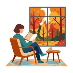 Fototapeta premium Woman reading a book by an autumn forest window.