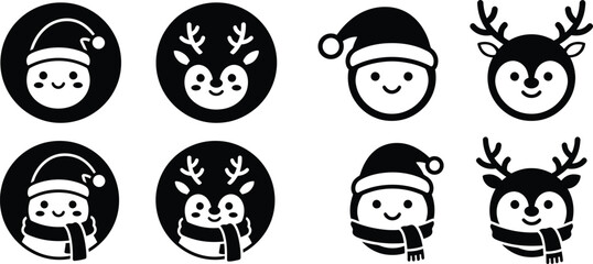 Set of cute hand drawn christmas icons featuring santa claus and reindeer characters in black and white style © MDTamizUddin