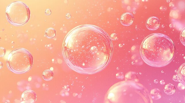Floating soap bubbles on a pink background. Abstract liquid spheres with soft bokeh light.