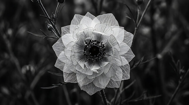 Delicate layered flower with intricate petals and reproductive structures in monochrome