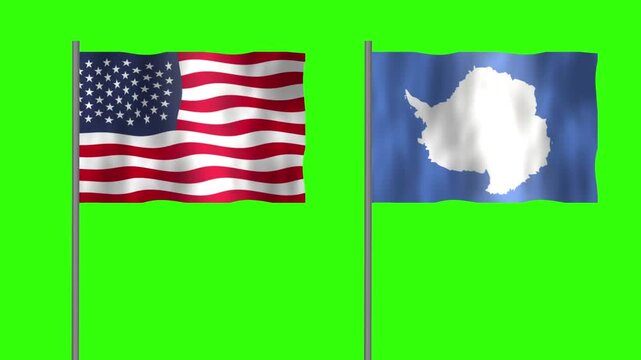 Flag of Antarctica and USA, Pole flag of Antarctica and USA on Green screen chroma key, Antarctica and USA flag waving.
