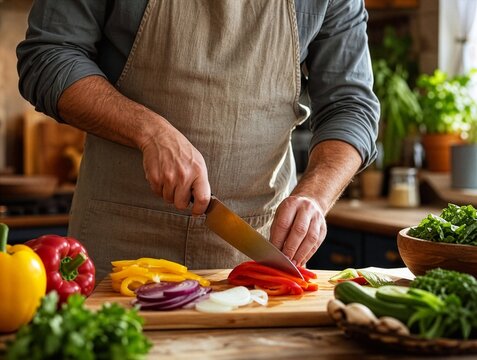 Man in apron slicing fresh vegetables on a wooden cutting board in a cozy rustic kitchen &mdash; healthy home cooking concept