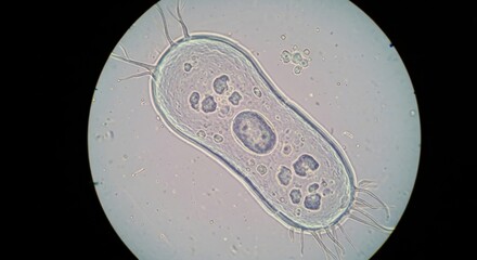 Fototapeta premium Microscopic Ovoid Organism with Numerous Internal Vacuoles and Delicate Appendages Revealing the Intricate Structures of Single-Celled Life Through Magnified Clarity for Scientific Exploration and Bio