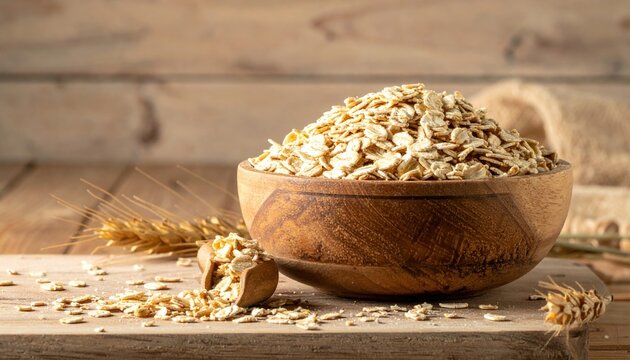oat flakes in wooden bowl