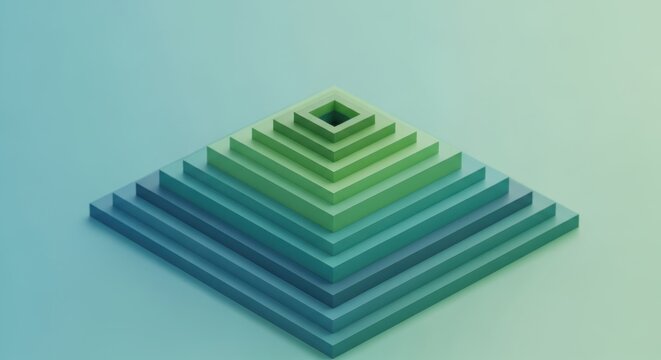 Ascending Geometric Pyramid Formed by Nested Square Steps with Gradient Hue Progression from Deep Blue to Vibrant Green Symbolizing Growth Hierarchy and Step-by-Step Progress in Business and Strategy.