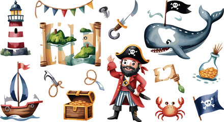 Cute Pirate Adventure Vector Clipart Set with Captain Character Treasure Chest Ship Lighthouse Map Whale and Crab Cartoon Illustrations