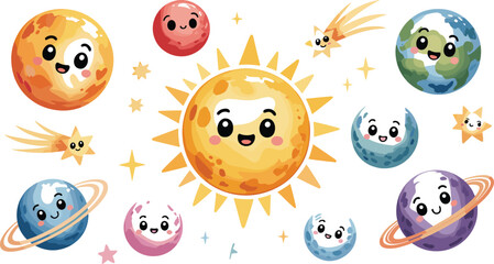 Cute Solar System Planet Vector Icon Set with Smiling Sun Earth Saturn Mars Moon and Shooting Star Cartoon Characters © EdGe Creative