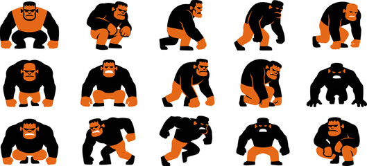 Collection of various gorilla and monster poses for halloween character design in a graphic art style silhouette © NahidR