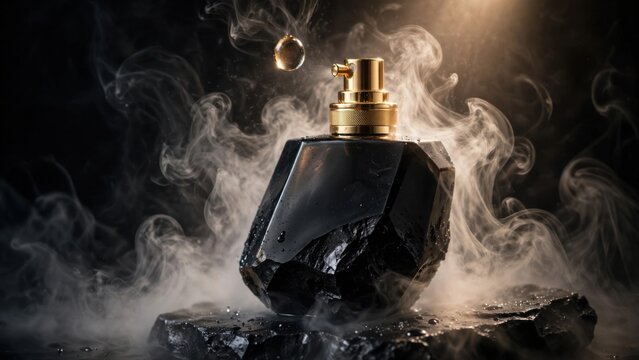 Luxurious Black Perfume Bottle with Ethereal Smoke Wisps.