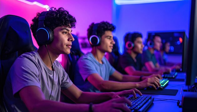 Group of teenagers enjoying multiplayer video games together in modern gaming room, LED ambient lighting