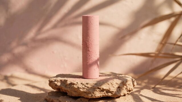 Minimalist Pink Lipstick on Natural Stone Pedestal with Palm Shadows.