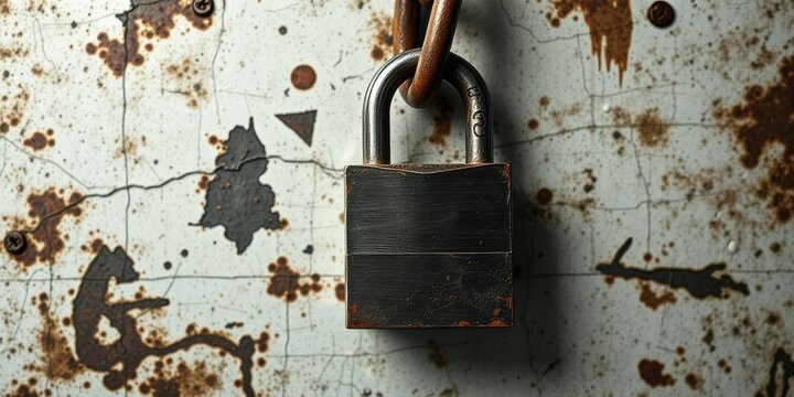 A weathered padlock secured by a rusty chain hangs against a decaying metal surface