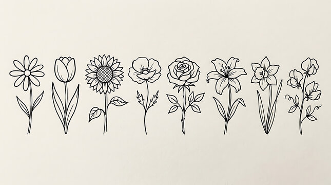 Minimalistic black and white line drawings of various blooming flowers in a linear arrangement for artistic or decorative purposes