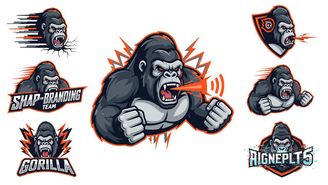 Aggressive gorilla mascot esport logos vector collection featuring angry silverback characters in dynamic action poses and custom typography