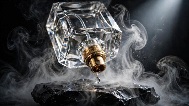 Elegant Perfume Bottle with Smoke and Water Droplet.