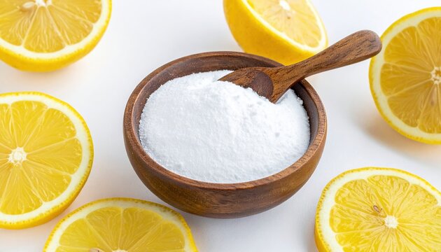 Baking soda and cut lemons on white background, household cleaning concept
