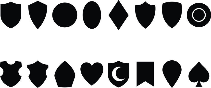 A collection of various black shield and emblem shapes presented as a professional vector illustration set for design projects and branding elements