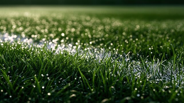 Fresh dew on lush green grass in the early morning light with a blurred background