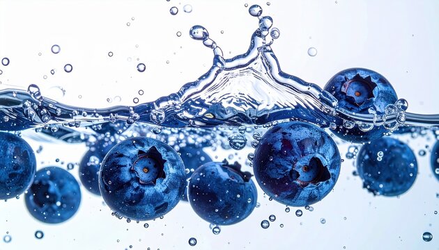 Blueberries splashing into clear water with droplets frozen in motion on white background, ultra high speed photography style, refreshing healthy fruit concept, isolated composition