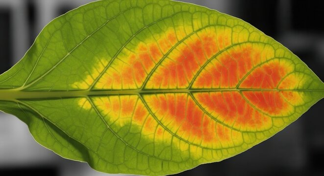 Vibrant Chlorophyll Discoloration on a Plant Leaf A Macro View of Nutritional Deficiency or Environmental Stress Showing Striking Orange and Yellow Hues Against Green Veins