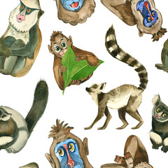 Watercolor seamless pattern with cute monkeys. Hand-painted jungle animals, including lemur and mandrill. Tropical wildlife motif for printing on fabric, wrapping paper and textile design. © guliy_art