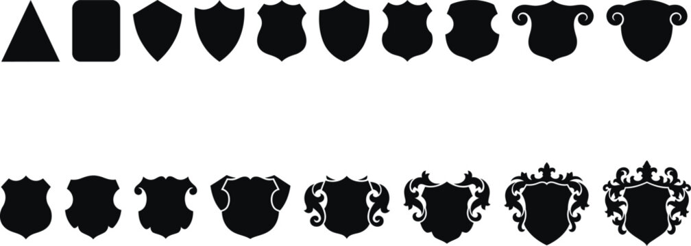 A collection of black silhouette shield icons presented as a vector illustration set for heraldic design and various creative graphic projects