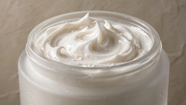 Close-up of Luxurious White Cream Swirls in a Clear Jar.