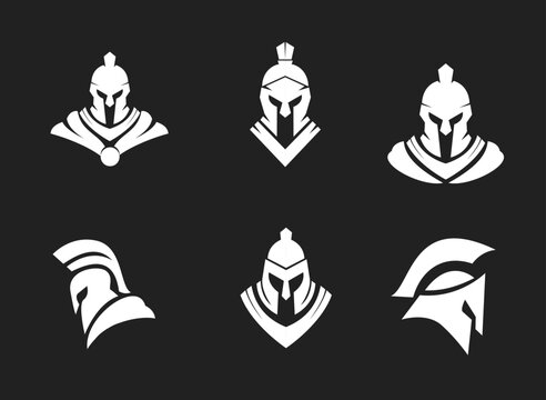 Collection of white Spartan warrior helmet logos and icons, minimalist graphic vector illustrations of ancient Greek and Roman gladiator mask symbols on black background.