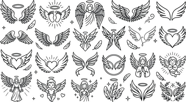 Angel Wings Collection with Guardian Angels, Cherubs, Halo Wings and Heavenly Christian Line Art Vector SetAngel Wings Collection with Guardian Angels, Cherubs, Halo Wings