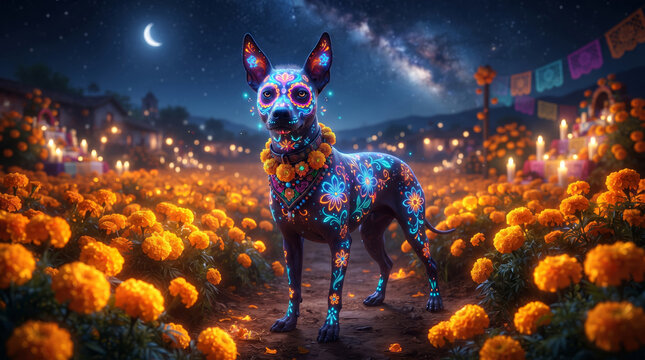 Glowing Mexican Xoloitzcuintli Dog with Sugar Skull Patterns in Field of Marigolds at Night