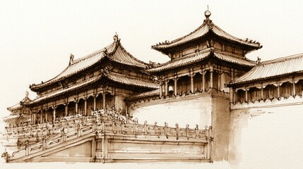 Fototapeta premium Traditional Asian temple with ornate rooflines and intricate wooden craftsmanship in a historic setting