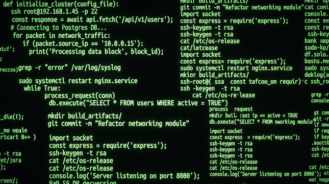 Green software programming code and terminal commands on black screen for hacking and dev concept