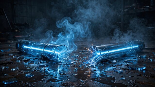 Futuristic Neon Lights Shattered on Dark Ground with Smoke.
