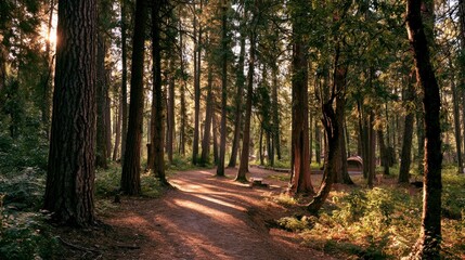Fototapeta premium Serene Forest Scene with Sunlight Filtering Through Tall Trees on a Pathway