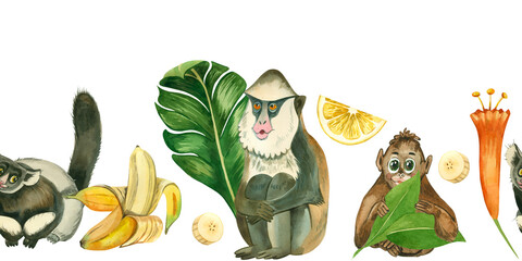 Watercolor illustration of cute monkeys on a background of tropical foliage, exotic fruits. Everything is hand-painted in watercolor. Seamless border for children's interior decoration, printing. © guliy_art