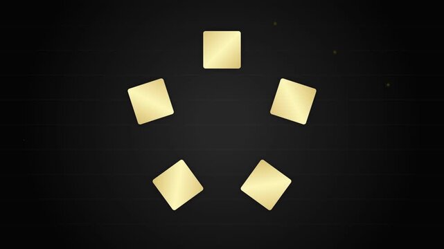 Golden rounded squares animating in pentagon shape on dark background with elegant drifting particles.