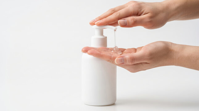 Hands Dispensing Liquid Soap from White Pump Bottle Close Up